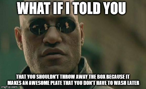 Matrix Morpheus Meme | WHAT IF I TOLD YOU THAT YOU SHOULDN'T THROW AWAY THE BOX BECAUSE IT MAKES AN AWESOME PLATE THAT YOU DON'T HAVE TO WASH LATER | image tagged in memes,matrix morpheus | made w/ Imgflip meme maker