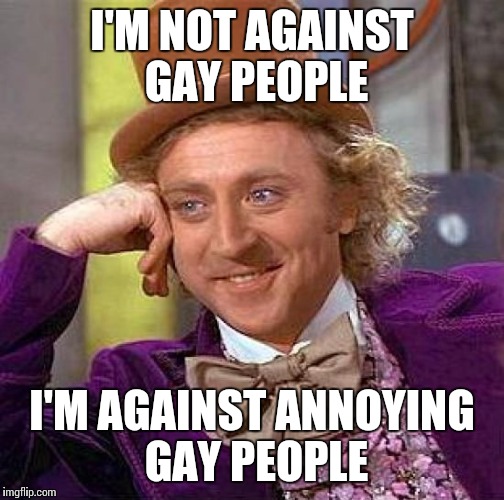 Creepy Condescending Wonka | I'M NOT AGAINST GAY PEOPLE I'M AGAINST ANNOYING GAY PEOPLE | image tagged in memes,creepy condescending wonka | made w/ Imgflip meme maker
