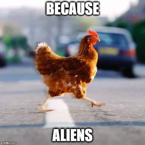 chicken on the road | BECAUSE ALIENS | image tagged in chicken on the road | made w/ Imgflip meme maker