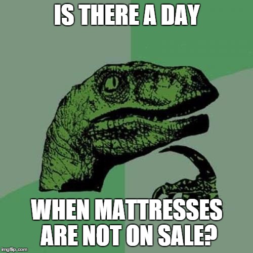 Philosoraptor | IS THERE A DAY WHEN MATTRESSES ARE NOT ON SALE? | image tagged in memes,philosoraptor | made w/ Imgflip meme maker