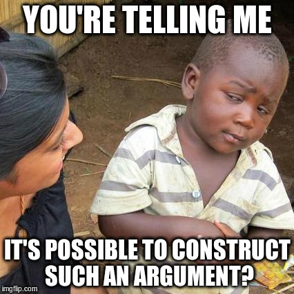 Third World Skeptical Kid Meme | YOU'RE TELLING ME IT'S POSSIBLE TO CONSTRUCT SUCH AN ARGUMENT? | image tagged in memes,third world skeptical kid | made w/ Imgflip meme maker