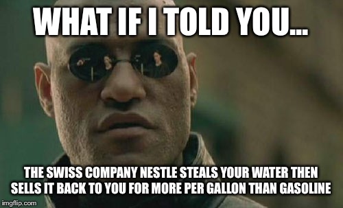 Paying More for Water than Gas! | WHAT IF I TOLD YOU... THE SWISS COMPANY NESTLE STEALS YOUR WATER THEN SELLS IT BACK TO YOU FOR MORE PER GALLON THAN GASOLINE | image tagged in memes,matrix morpheus,water,health | made w/ Imgflip meme maker