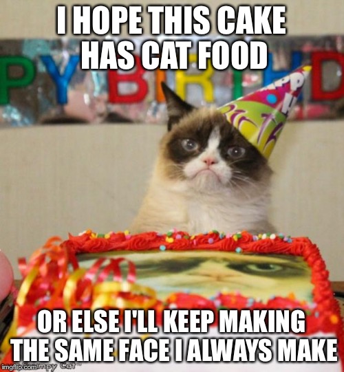 Grumpy Cat Birthday | I HOPE THIS CAKE HAS CAT FOOD OR ELSE I'LL KEEP MAKING THE SAME FACE I ALWAYS MAKE | image tagged in memes,grumpy cat birthday | made w/ Imgflip meme maker
