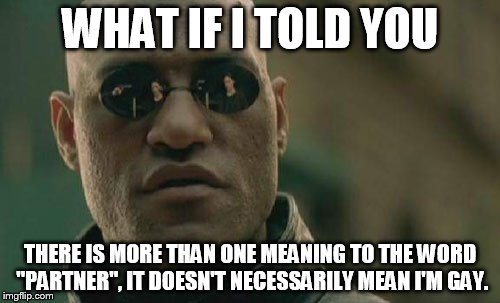Matrix Morpheus Meme | WHAT IF I TOLD YOU THERE IS MORE THAN ONE MEANING TO THE WORD "PARTNER", IT DOESN'T NECESSARILY MEAN I'M GAY. | image tagged in memes,matrix morpheus | made w/ Imgflip meme maker