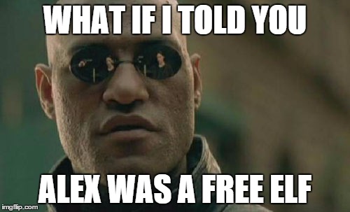 Matrix Morpheus Meme | WHAT IF I TOLD YOU ALEX WAS A FREE ELF | image tagged in memes,matrix morpheus | made w/ Imgflip meme maker