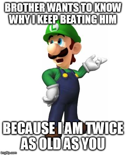 Logic Luigi | BROTHER WANTS TO KNOW WHY I KEEP BEATING HIM BECAUSE I AM TWICE AS OLD AS YOU | image tagged in logic luigi | made w/ Imgflip meme maker