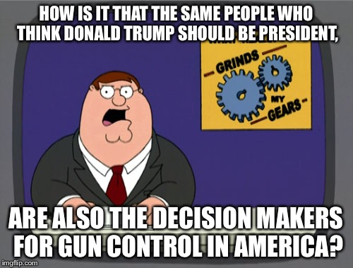 Peter Griffin News | HOW IS IT THAT THE SAME PEOPLE WHO THINK DONALD TRUMP SHOULD BE PRESIDENT, ARE ALSO THE DECISION MAKERS FOR GUN CONTROL IN AMERICA? | image tagged in memes,peter griffin news | made w/ Imgflip meme maker