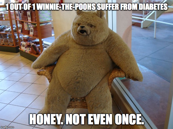 1 OUT OF 1 WINNIE-THE-POOHS SUFFER FROM DIABETES HONEY. NOT EVEN ONCE. | image tagged in winnie the pooh,bear,fat | made w/ Imgflip meme maker