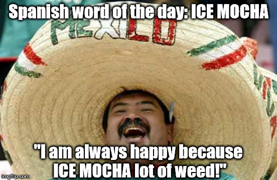 Ease legal in America too! | Spanish word of the day: ICE MOCHA "I am always happy because ICE MOCHA lot of weed!" | image tagged in happy mexican,memes,meme,funny memes,funny meme | made w/ Imgflip meme maker