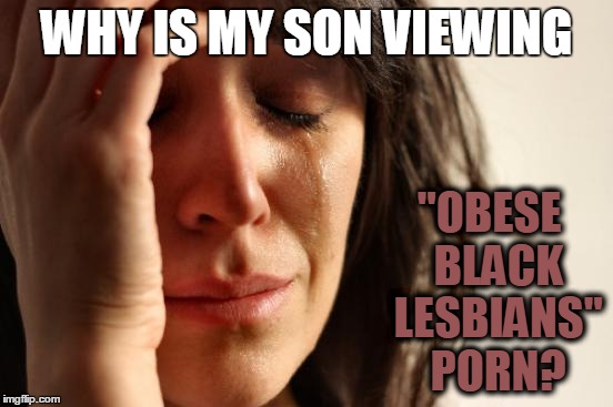 First World Problems Meme | WHY IS MY SON VIEWING "OBESE  BLACK  LESBIANS"  PORN? | image tagged in memes,first world problems | made w/ Imgflip meme maker