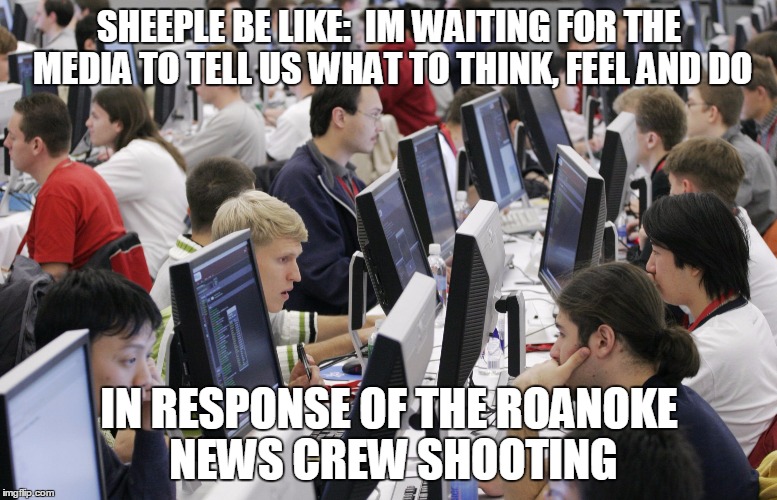SHEEPLE BE LIKE:  IM WAITING FOR THE MEDIA TO TELL US WHAT TO THINK, FEEL AND DO IN RESPONSE OF THE ROANOKE NEWS CREW SHOOTING | image tagged in sheeple | made w/ Imgflip meme maker