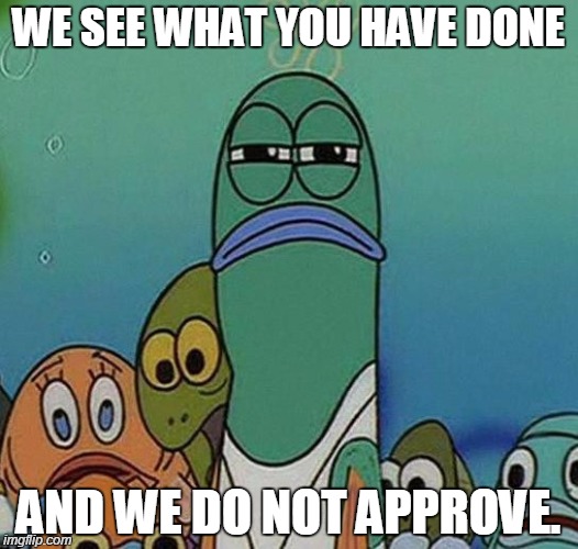 WE SEE WHAT YOU HAVE DONE AND WE DO NOT APPROVE. | image tagged in spongebob squarepants,spongebob | made w/ Imgflip meme maker