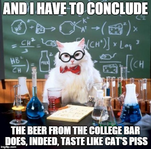 Chemistry Cat Meme | AND I HAVE TO CONCLUDE THE BEER FROM THE COLLEGE BAR DOES, INDEED, TASTE LIKE CAT'S PISS | image tagged in memes,chemistry cat | made w/ Imgflip meme maker