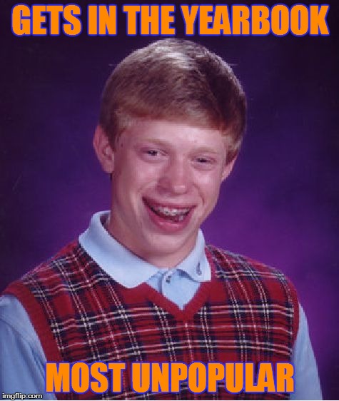 Bad Luck Brian | GETS IN THE YEARBOOK MOST UNPOPULAR | image tagged in memes,bad luck brian | made w/ Imgflip meme maker