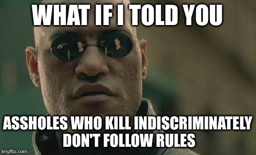 Matrix Morpheus | WHAT IF I TOLD YOU ASSHOLES WHO KILL INDISCRIMINATELY DON'T FOLLOW RULES | image tagged in memes,matrix morpheus | made w/ Imgflip meme maker