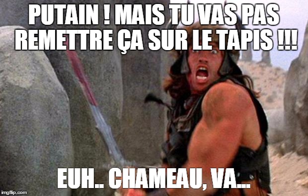 Conan the Barbarian charge | PUTAIN ! MAIS TU VAS PAS REMETTRE ÇA SUR LE TAPIS !!! EUH.. CHAMEAU, VA... | image tagged in conan the barbarian charge | made w/ Imgflip meme maker