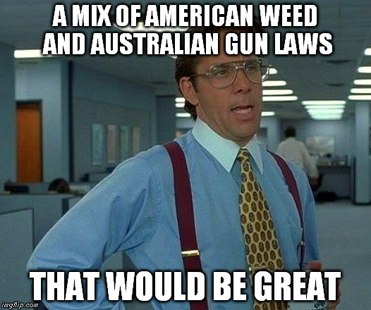 A Mix of Laws | A MIX OF AMERICAN WEED AND AUSTRALIAN GUN LAWS THAT WOULD BE GREAT | image tagged in memes,that would be great,mix of laws,kingff_art,ff_art | made w/ Imgflip meme maker