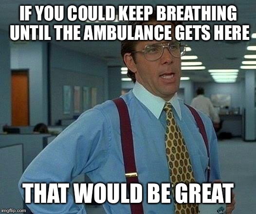That Would Be Great | IF YOU COULD KEEP BREATHING UNTIL THE AMBULANCE GETS HERE THAT WOULD BE GREAT | image tagged in memes,that would be great | made w/ Imgflip meme maker