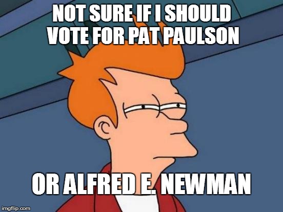 if you grew up in the 70s you'll know who I'm talking about | NOT SURE IF I SHOULD VOTE FOR PAT PAULSON OR ALFRED E. NEWMAN | image tagged in memes,futurama fry | made w/ Imgflip meme maker