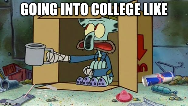 squidward poor | GOING INTO COLLEGE LIKE | image tagged in squidward poor | made w/ Imgflip meme maker