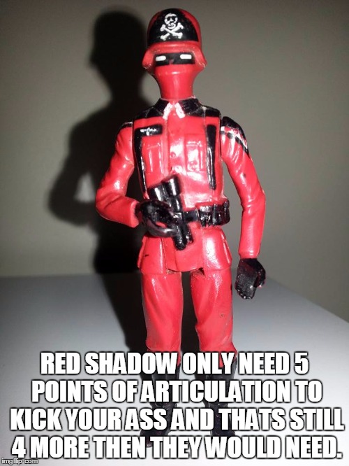 RED SHADOW ONLY NEED 5 POINTS OF ARTICULATION TO KICK YOUR ASS AND THATS STILL 4 MORE THEN THEY WOULD NEED. | image tagged in red shadows | made w/ Imgflip meme maker