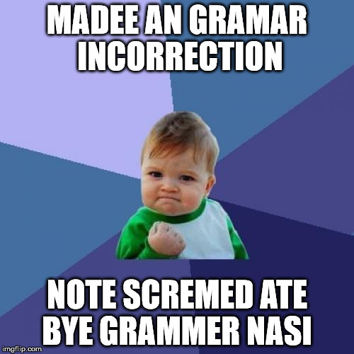 Success Kid | MADEE AN GRAMAR INCORRECTION NOTE SCREMED ATE BYE GRAMMER NASI | image tagged in memes,success kid | made w/ Imgflip meme maker