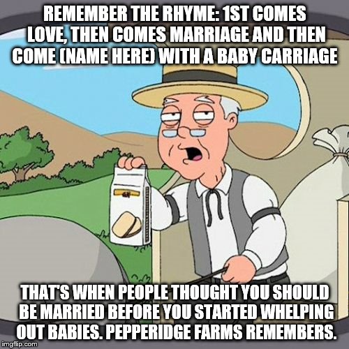 Pepperidge Farm Remembers | REMEMBER THE RHYME: 1ST COMES LOVE, THEN COMES MARRIAGE AND THEN COME (NAME HERE) WITH A BABY CARRIAGE THAT'S WHEN PEOPLE THOUGHT YOU SHOULD | image tagged in memes,pepperidge farm remembers | made w/ Imgflip meme maker