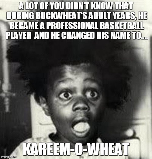 A LOT OF YOU DIDN'T KNOW THAT DURING BUCKWHEAT'S ADULT YEARS, HE BECAME A PROFESSIONAL BASKETBALL PLAYER  AND HE CHANGED HIS NAME TO.... KAR | image tagged in buckwheat,basketball,kareem | made w/ Imgflip meme maker