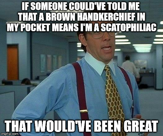 That Would Be Great Meme | IF SOMEONE COULD'VE TOLD ME THAT A BROWN HANDKERCHIEF IN MY POCKET MEANS I'M A SCATOPHILIAC THAT WOULD'VE BEEN GREAT | image tagged in memes,that would be great,AdviceAnimals | made w/ Imgflip meme maker