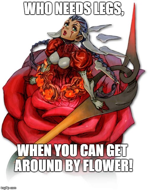 Terra Battle meme | WHO NEEDS LEGS, WHEN YOU CAN GET AROUND BY FLOWER! | image tagged in meme,anime | made w/ Imgflip meme maker