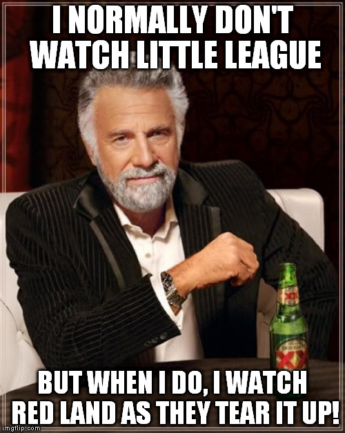 The Most Interesting Man In The World | I NORMALLY DON'T WATCH LITTLE LEAGUE BUT WHEN I DO, I WATCH RED LAND AS THEY TEAR IT UP! | image tagged in memes,the most interesting man in the world | made w/ Imgflip meme maker
