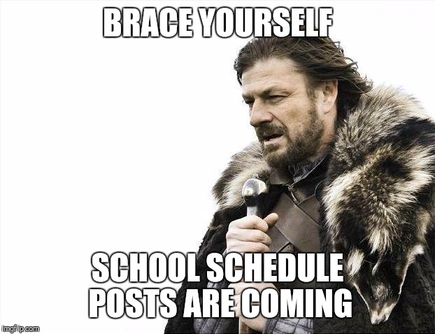 Brace Yourselves X is Coming | BRACE YOURSELF SCHOOL SCHEDULE POSTS ARE COMING | image tagged in memes,brace yourselves x is coming | made w/ Imgflip meme maker