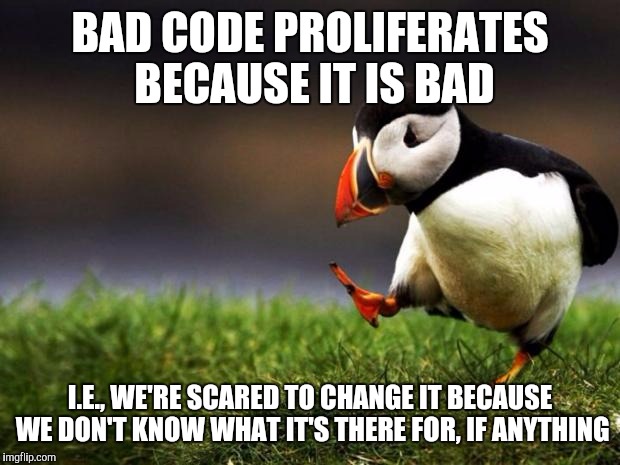 This is a genuine conundrum | BAD CODE PROLIFERATES BECAUSE IT IS BAD I.E., WE'RE SCARED TO CHANGE IT BECAUSE WE DON'T KNOW WHAT IT'S THERE FOR, IF ANYTHING | image tagged in memes,unpopular opinion puffin | made w/ Imgflip meme maker