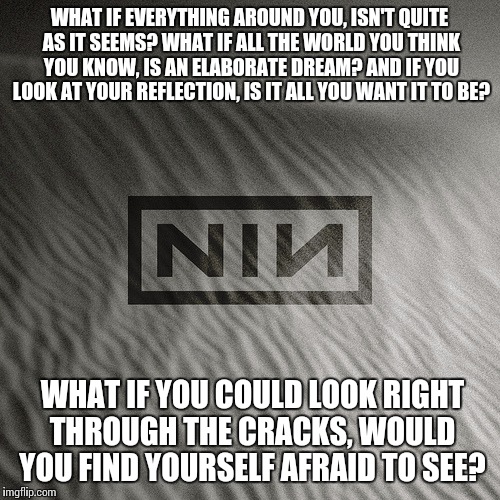 WHAT IF EVERYTHING AROUND YOU,ISN'T QUITE AS IT SEEMS?WHAT IF ALL THE WORLD YOU THINK YOU KNOW,IS AN ELABORATE DREAM?AND IF YOU LOOK AT  | image tagged in nin | made w/ Imgflip meme maker