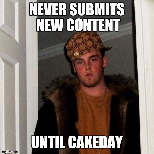 Scumbag Steve Meme | NEVER SUBMITS NEW CONTENT UNTIL CAKEDAY | image tagged in memes,scumbag steve | made w/ Imgflip meme maker