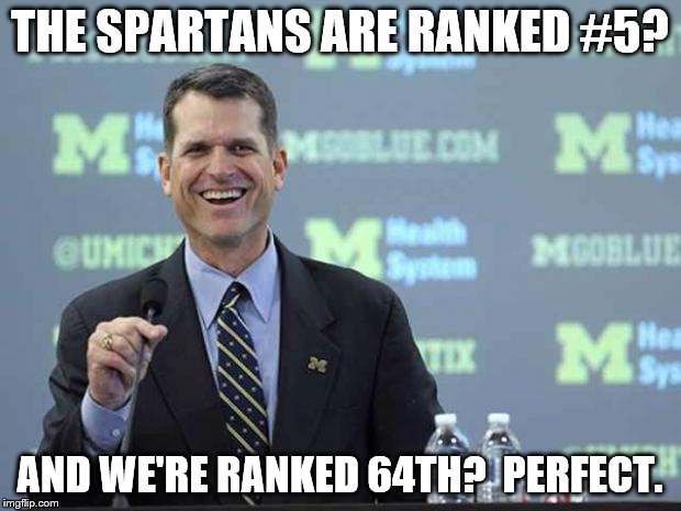 Harbaugh | THE SPARTANS ARE RANKED #5? AND WE'RE RANKED 64TH?  PERFECT. | image tagged in harbaugh | made w/ Imgflip meme maker
