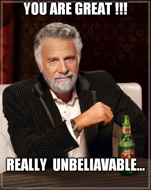 The Most Interesting Man In The World | YOU ARE GREAT !!! REALLY  UNBELIAVABLE... | image tagged in memes,the most interesting man in the world | made w/ Imgflip meme maker