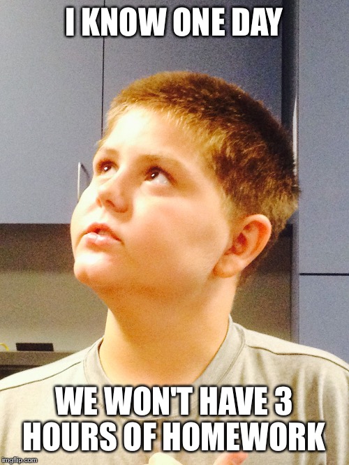 I KNOW ONE DAY WE WON'T HAVE 3 HOURS OF HOMEWORK | image tagged in determined kid | made w/ Imgflip meme maker