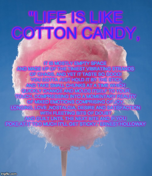 cotton candy | "LIFE IS LIKE COTTON CANDY, IT IS MOSTLY EMPTY SPACE AND MADE UP OF THE TINIEST VIBRATING STRANDS OF CHAOS, AND YET IT TASTE SO GOOD!  YOU G | image tagged in cotton candy | made w/ Imgflip meme maker