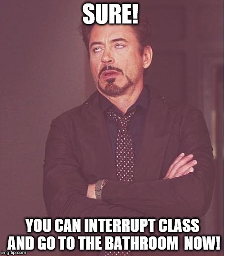 iron man eye roll | SURE! YOU CAN INTERRUPT CLASS AND GO TO THE BATHROOM  NOW! | image tagged in iron man eye roll | made w/ Imgflip meme maker