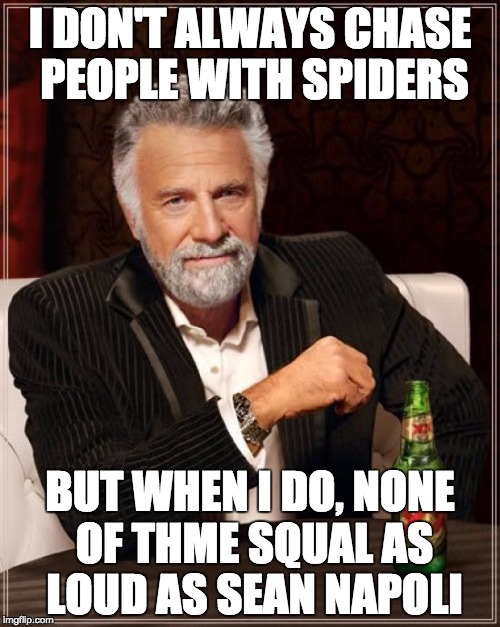 The Most Interesting Man In The World Meme | I DON'T ALWAYS CHASE PEOPLE WITH SPIDERS BUT WHEN I DO, NONE OF THME SQUAL AS LOUD AS SEAN NAPOLI | image tagged in memes,the most interesting man in the world | made w/ Imgflip meme maker