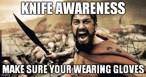 Sparta Leonidas | KNIFE AWARENESS MAKE SURE YOUR WEARING GLOVES | image tagged in memes,sparta leonidas | made w/ Imgflip meme maker