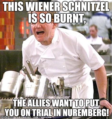 Crimes Against Wiener Schnitzel | THIS WIENER SCHNITZEL IS SO BURNT, THE ALLIES WANT TO PUT YOU ON TRIAL IN NUREMBERG! | image tagged in memes,chef gordon ramsay | made w/ Imgflip meme maker