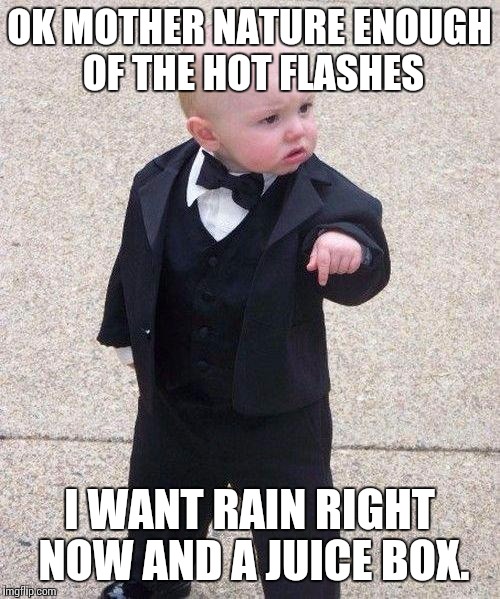 Godfather Baby | OK MOTHER NATURE ENOUGH OF THE HOT FLASHES I WANT RAIN RIGHT NOW AND A JUICE BOX. | image tagged in godfather baby | made w/ Imgflip meme maker