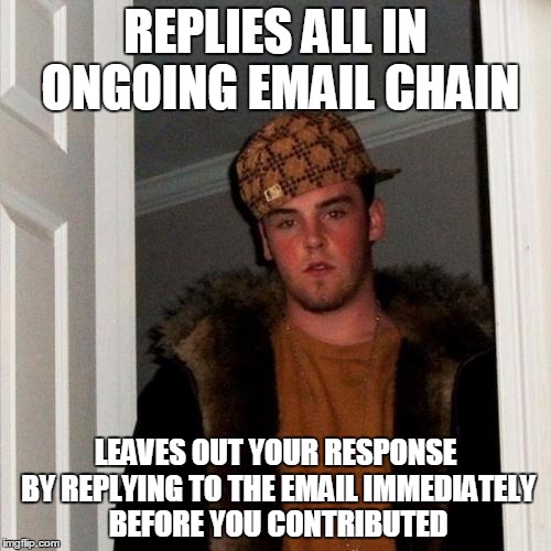 so you're saying i'm invisible?  thanks steve | REPLIES ALL IN ONGOING EMAIL CHAIN LEAVES OUT YOUR RESPONSE BY REPLYING TO THE EMAIL IMMEDIATELY BEFORE YOU CONTRIBUTED | image tagged in memes,scumbag steve | made w/ Imgflip meme maker