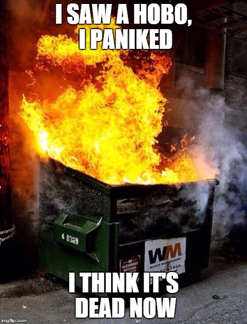 Dumpster Fire | I SAW A HOBO, I PANIKED I THINK IT'S DEAD NOW | image tagged in dumpster fire | made w/ Imgflip meme maker