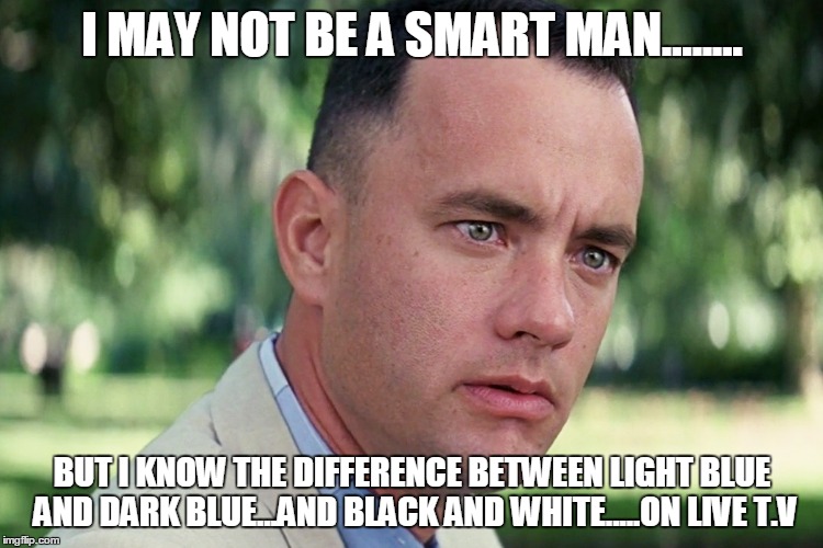 I MAY NOT BE A SMART MAN........ BUT I KNOW THE DIFFERENCE BETWEEN LIGHT BLUE AND DARK BLUE...AND BLACK AND WHITE.....ON LIVE T.V | image tagged in forrest gump | made w/ Imgflip meme maker