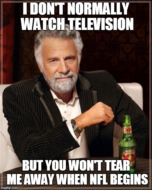 The Most Interesting Man In The World Meme | I DON'T NORMALLY WATCH TELEVISION BUT YOU WON'T TEAR ME AWAY WHEN NFL BEGINS | image tagged in memes,the most interesting man in the world | made w/ Imgflip meme maker