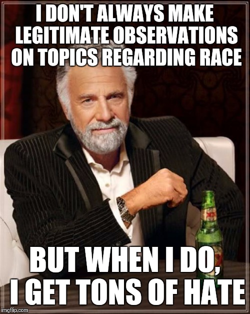 The Most Interesting Man In The World | I DON'T ALWAYS MAKE LEGITIMATE OBSERVATIONS ON TOPICS REGARDING RACE BUT WHEN I DO, I GET TONS OF HATE | image tagged in memes,the most interesting man in the world | made w/ Imgflip meme maker