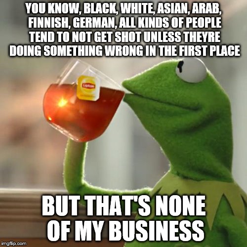 But That's None Of My Business | YOU KNOW, BLACK, WHITE, ASIAN, ARAB, FINNISH, GERMAN, ALL KINDS OF PEOPLE TEND TO NOT GET SHOT UNLESS THEYRE DOING SOMETHING WRONG IN THE FI | image tagged in memes,but thats none of my business,kermit the frog | made w/ Imgflip meme maker